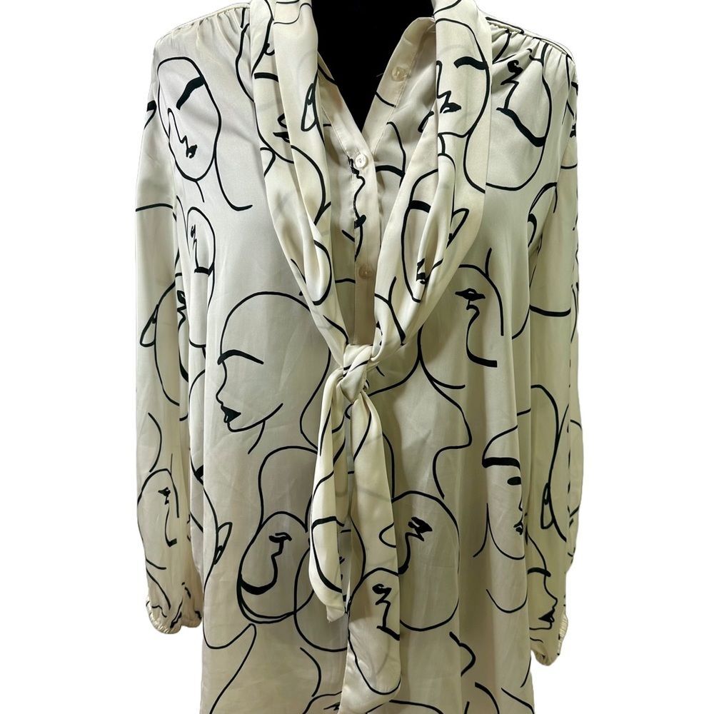 Zara White and Black Abstract Faces Long Sleeve Tie Front Blouse Size M